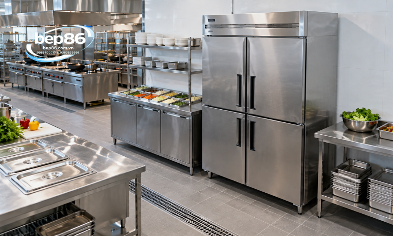 Bố trí tủ đông mát 4 cánh inox trong bếp