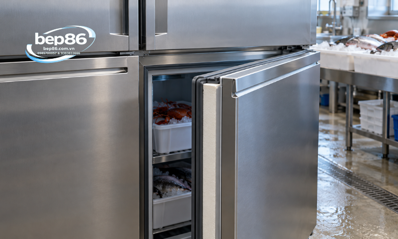 Kiểm tra thân vỏ và cánh tủ đông mát 4 cánh inox